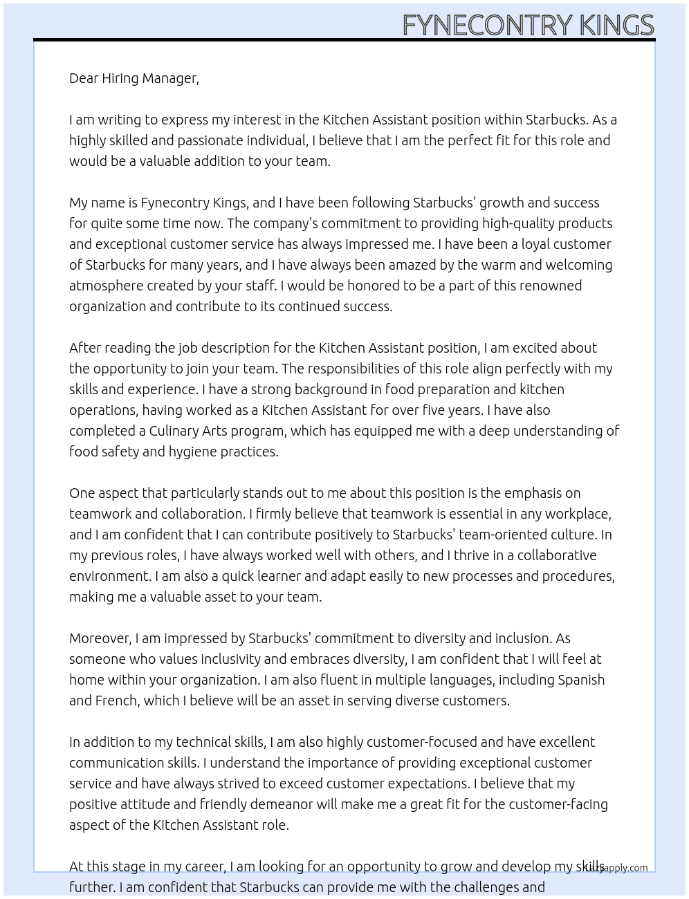 Kitchen Assistant  At Starbucks Cover Letter