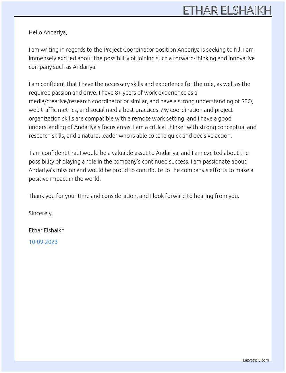 Project coordinator  At Andria  Cover Letter