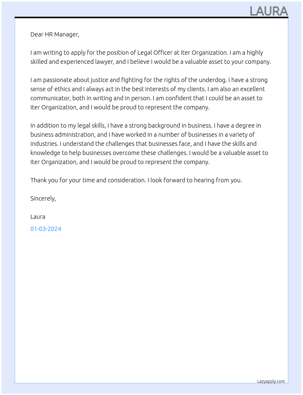 Legal Officer At Iter Organization Cover Letter