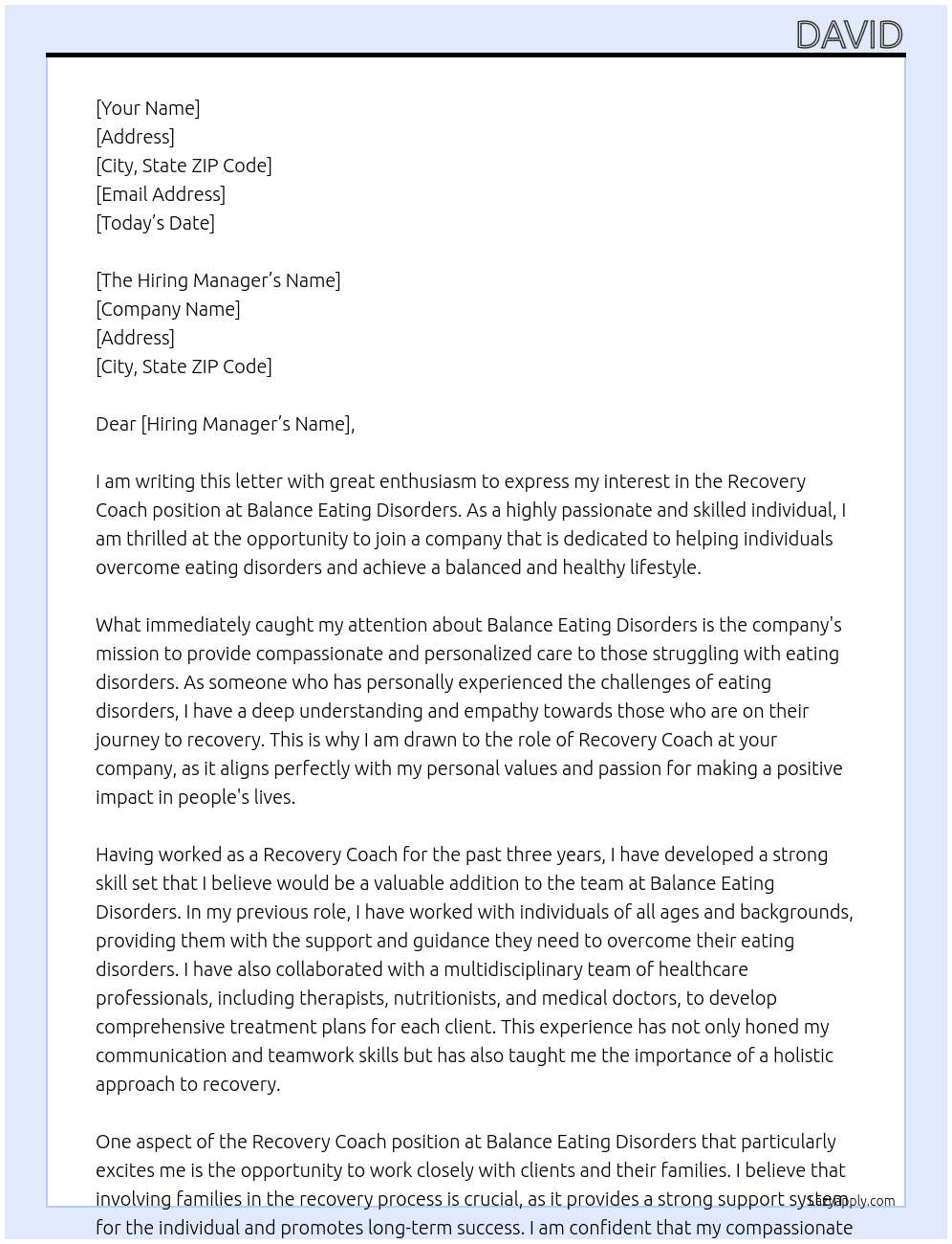 Recovery Coach At Balance eating disorders Cover Letter