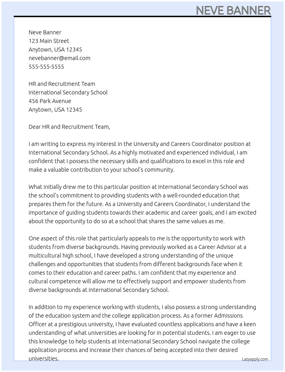 University and Careers Coordinator At International Secondary School  Cover Letter
