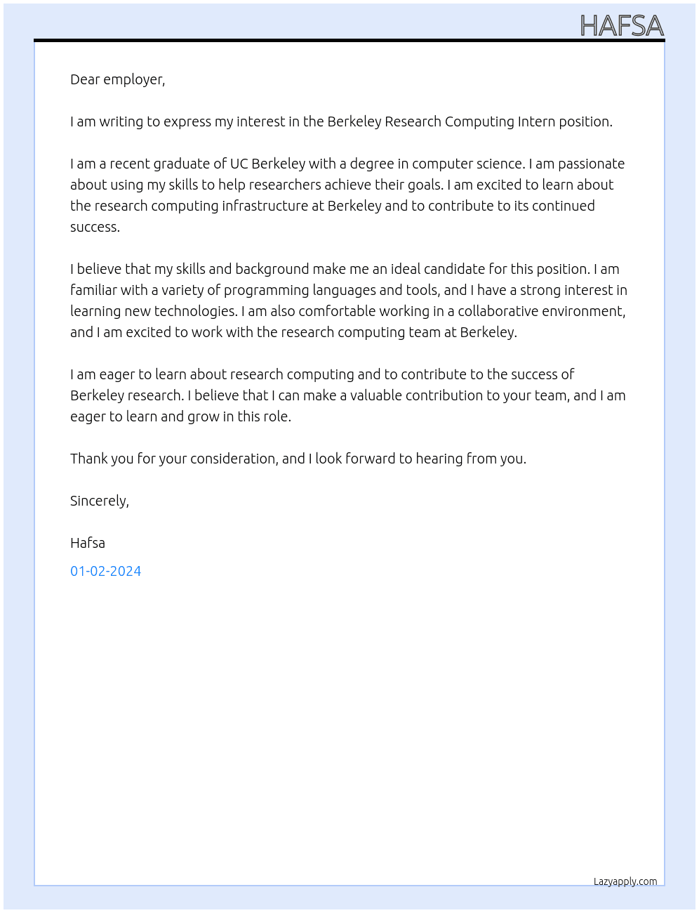 Intern At Berkeley Research Computing Intern Cover Letter