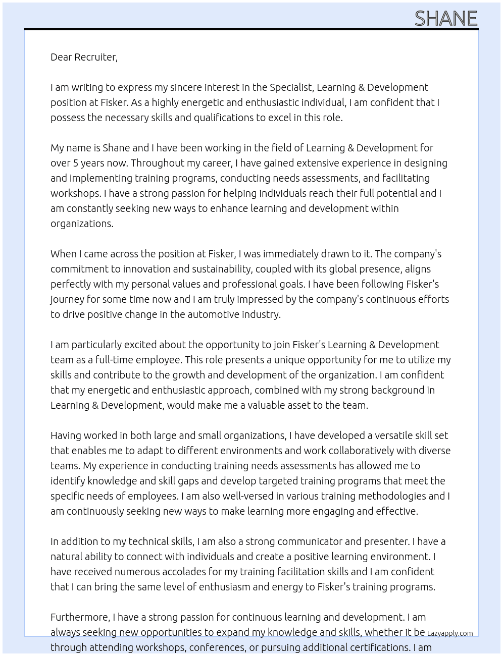 Specialist, Learning & Development At Fisker Cover Letter
