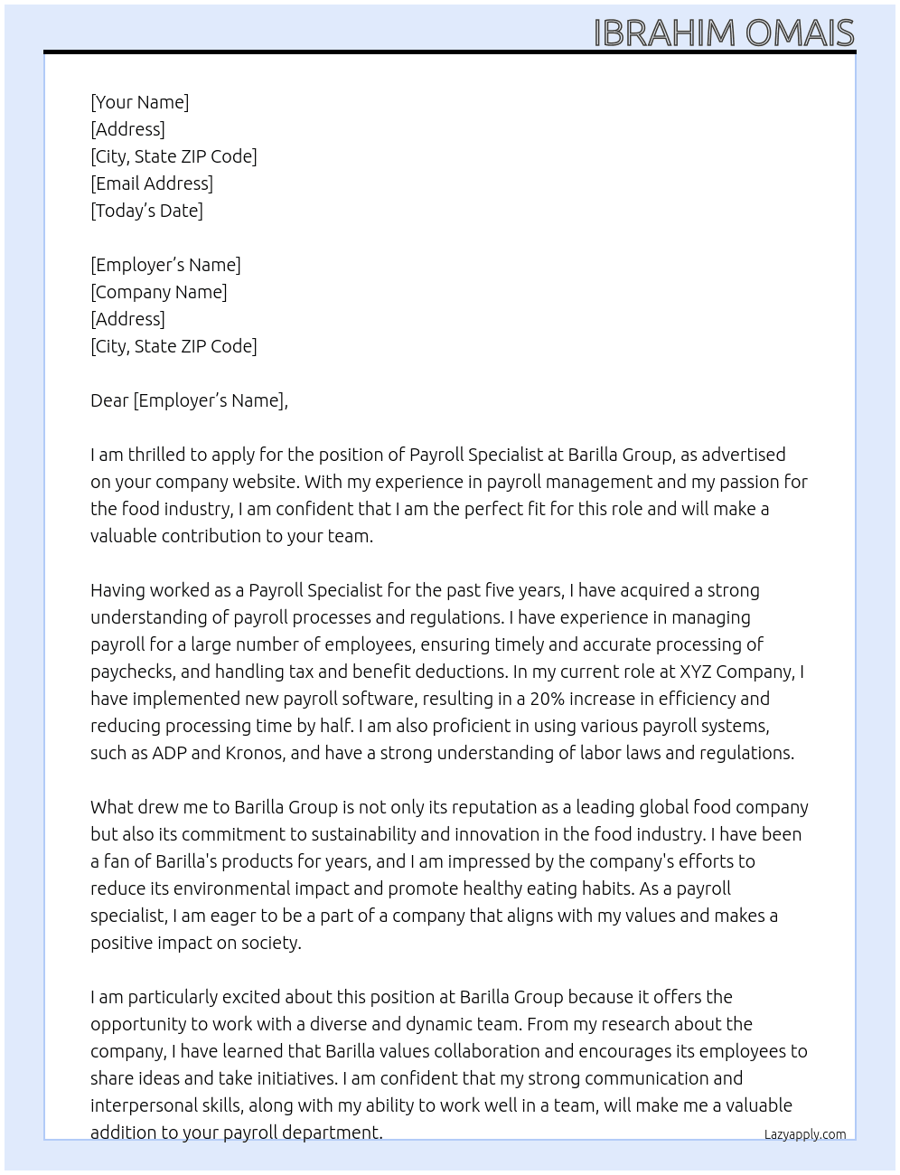 Payroll Specialist At  Barilla Group Cover Letter