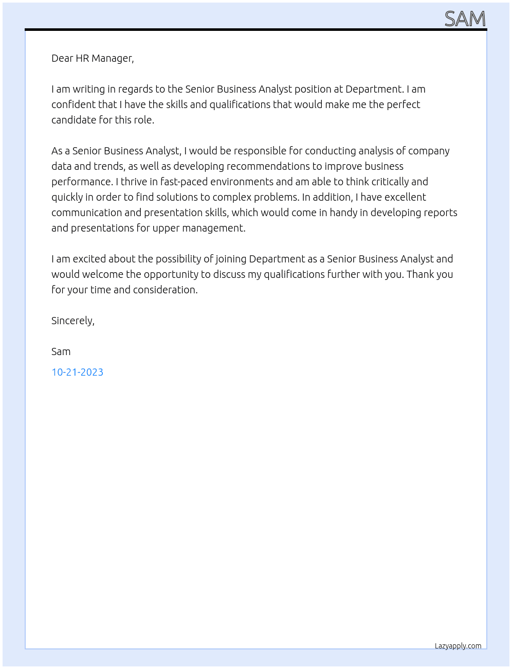 Senior Business Analyst At Department Cover Letter