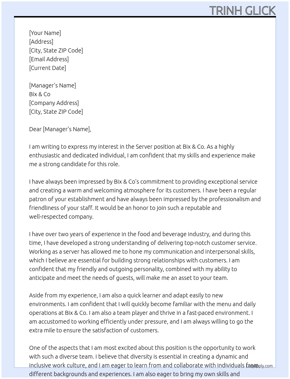 Server At Bix & Co Cover Letter