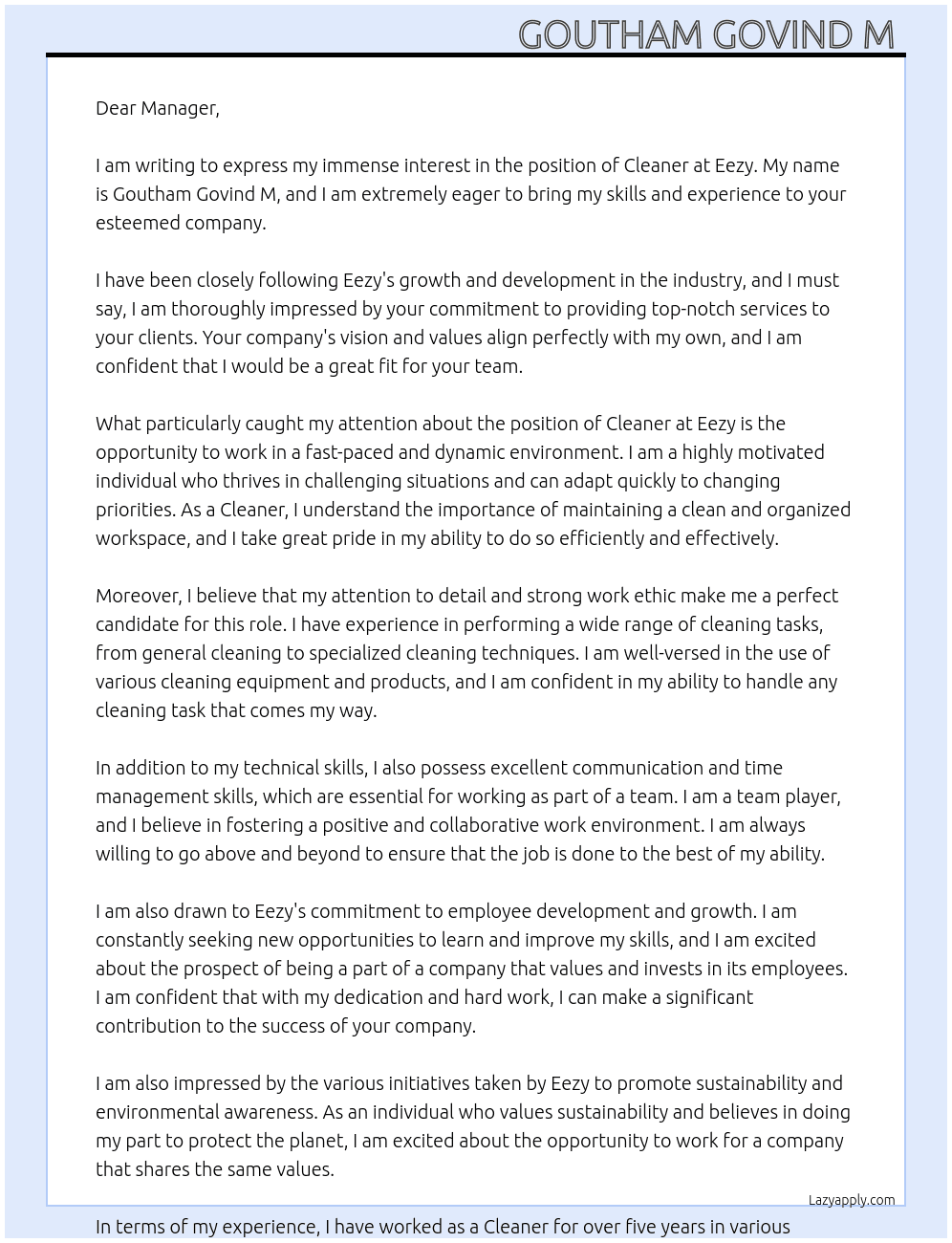 Cleaner At Eezy Cover Letter