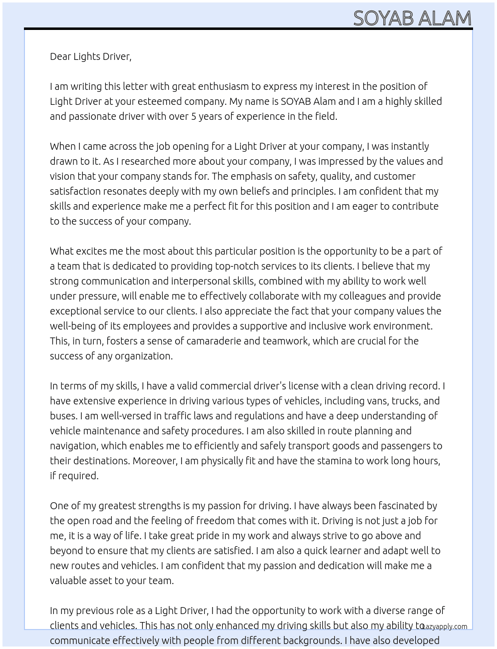 Light Driver  At Not mention  Cover Letter
