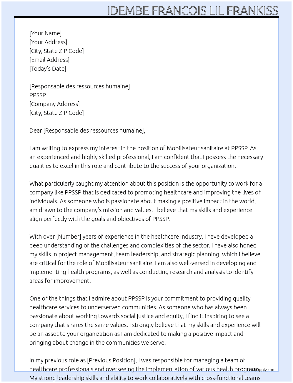 Mobilisateur sanitaire At PPSSP Cover Letter