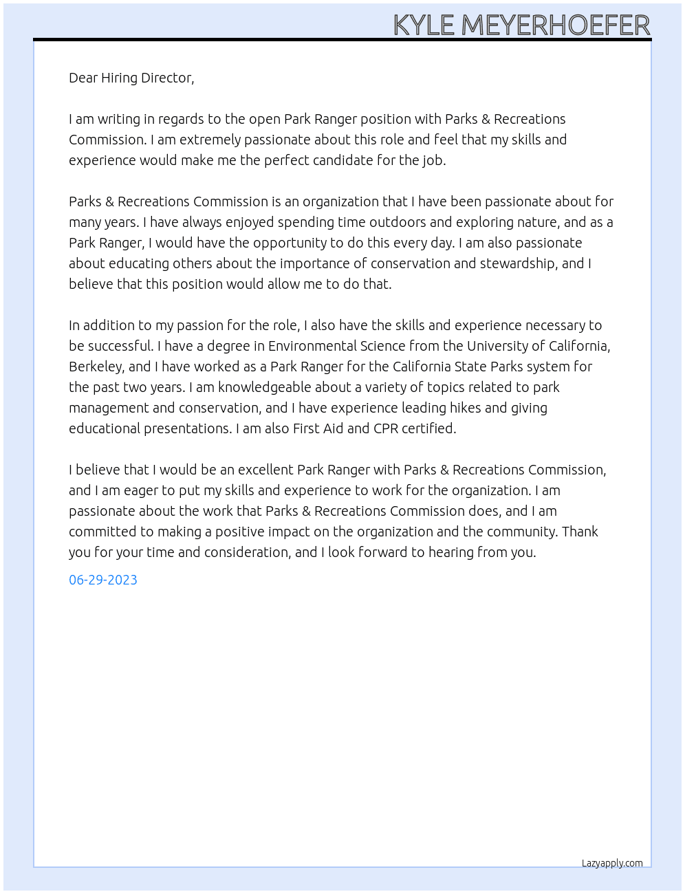 Park Ranger At Parks & Recreations Commission Cover Letter