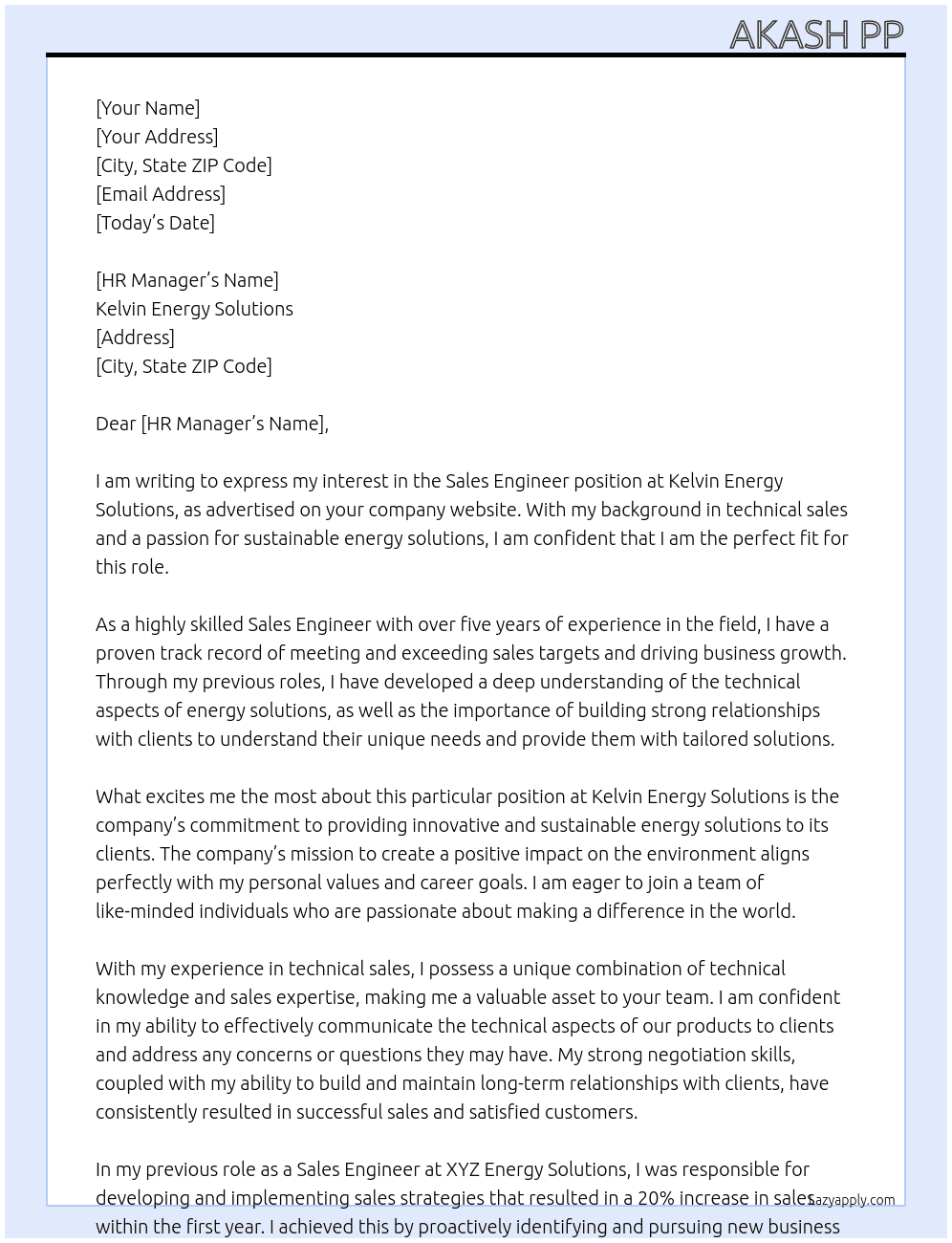 Sales Engineer At Kelvin Energy Solutions Cover Letter