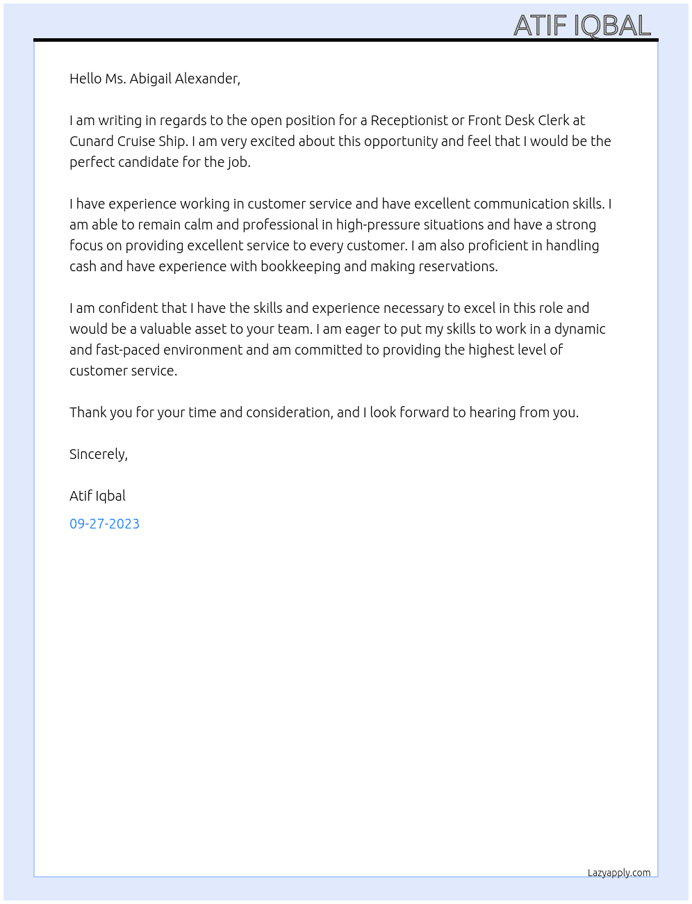 Receptionist or Front Desk Clerk  At Cunard Cruise Ship Cover Letter
