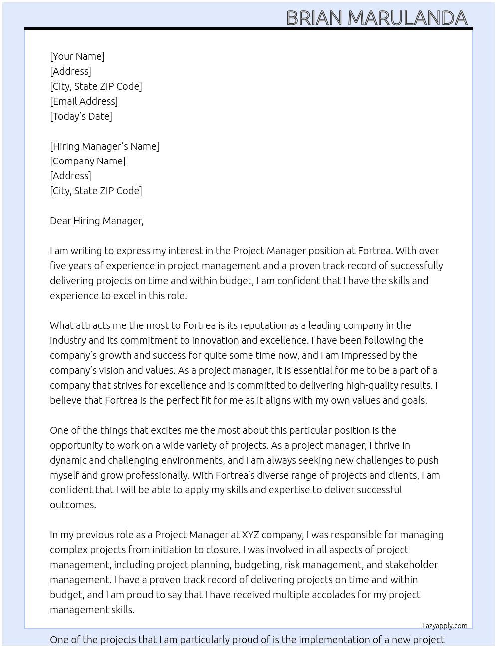 Project Manager At Fortrea Cover Letter