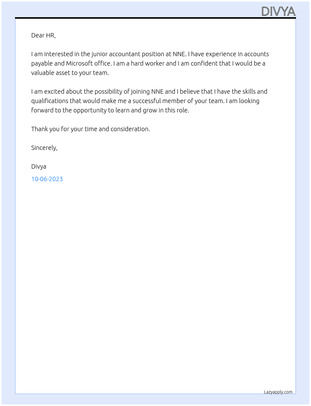 junior Accountant At NNE Cover Letter