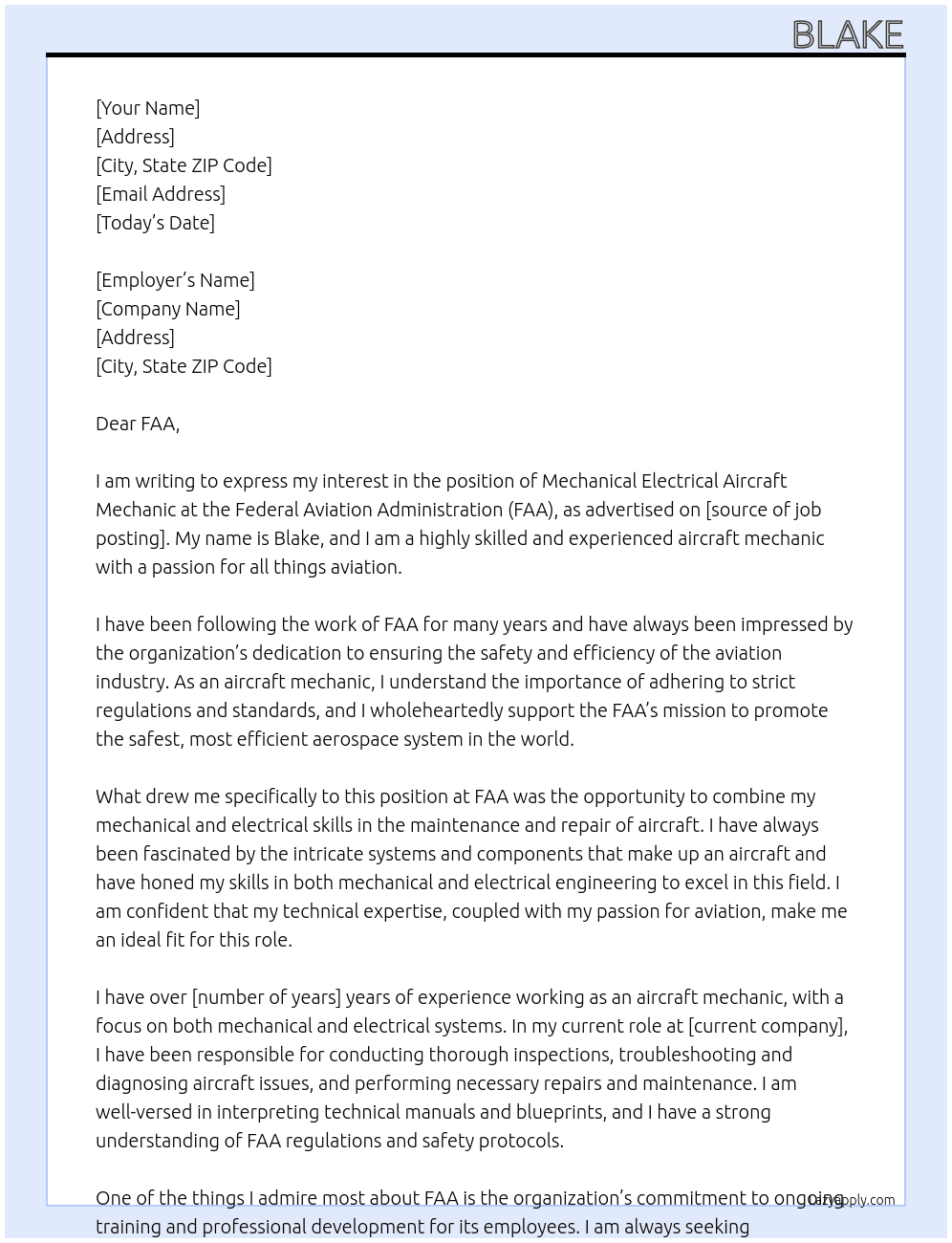 mechanical electrical aircraft mechanic At FAA Cover Letter