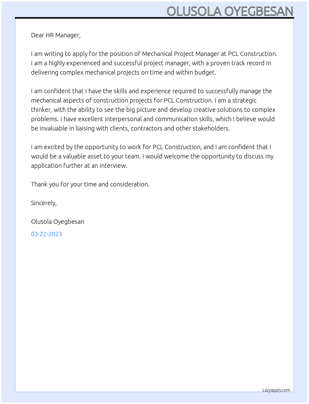 Mechanical Project Manager  At PCL ConstructionHR Manmager Cover Letter