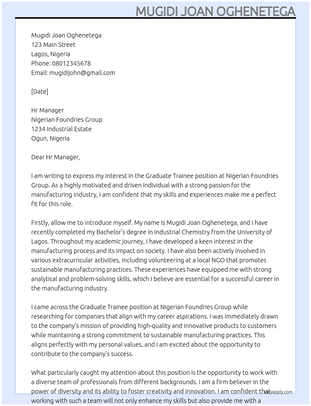 Graduate trainee  At Nigerian Foundries Group Cover Letter