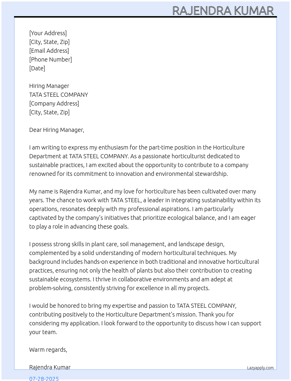 Cover letter for horticulture department - LazyApply