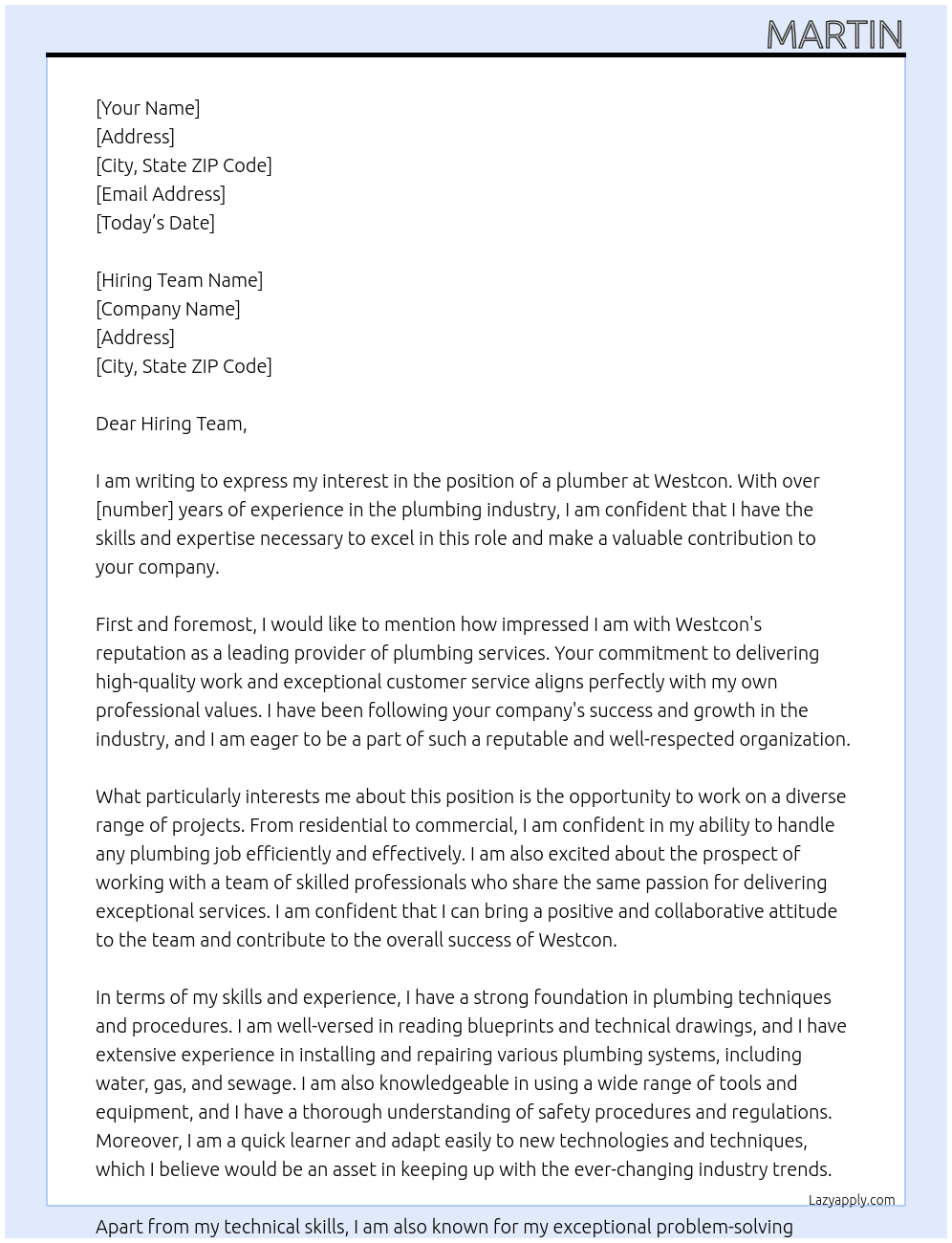 plumber At Westcon Cover Letter