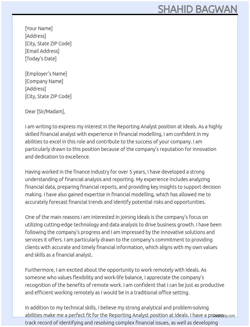 Reporting analyst  At Ideals  Cover Letter