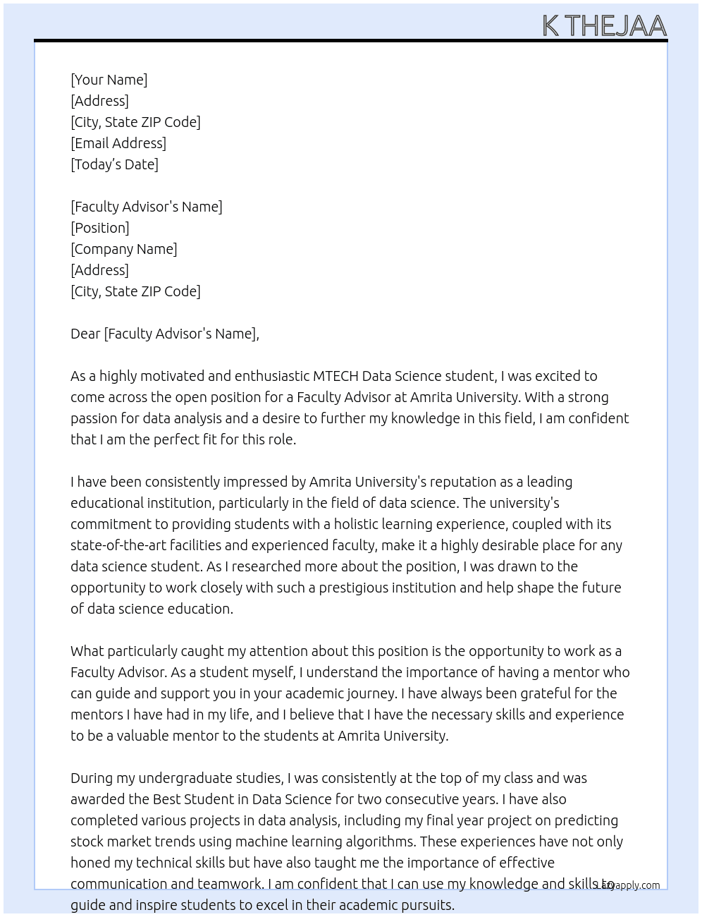 MTECH Data Science Student At AMRITA UNIVERSITY Cover Letter