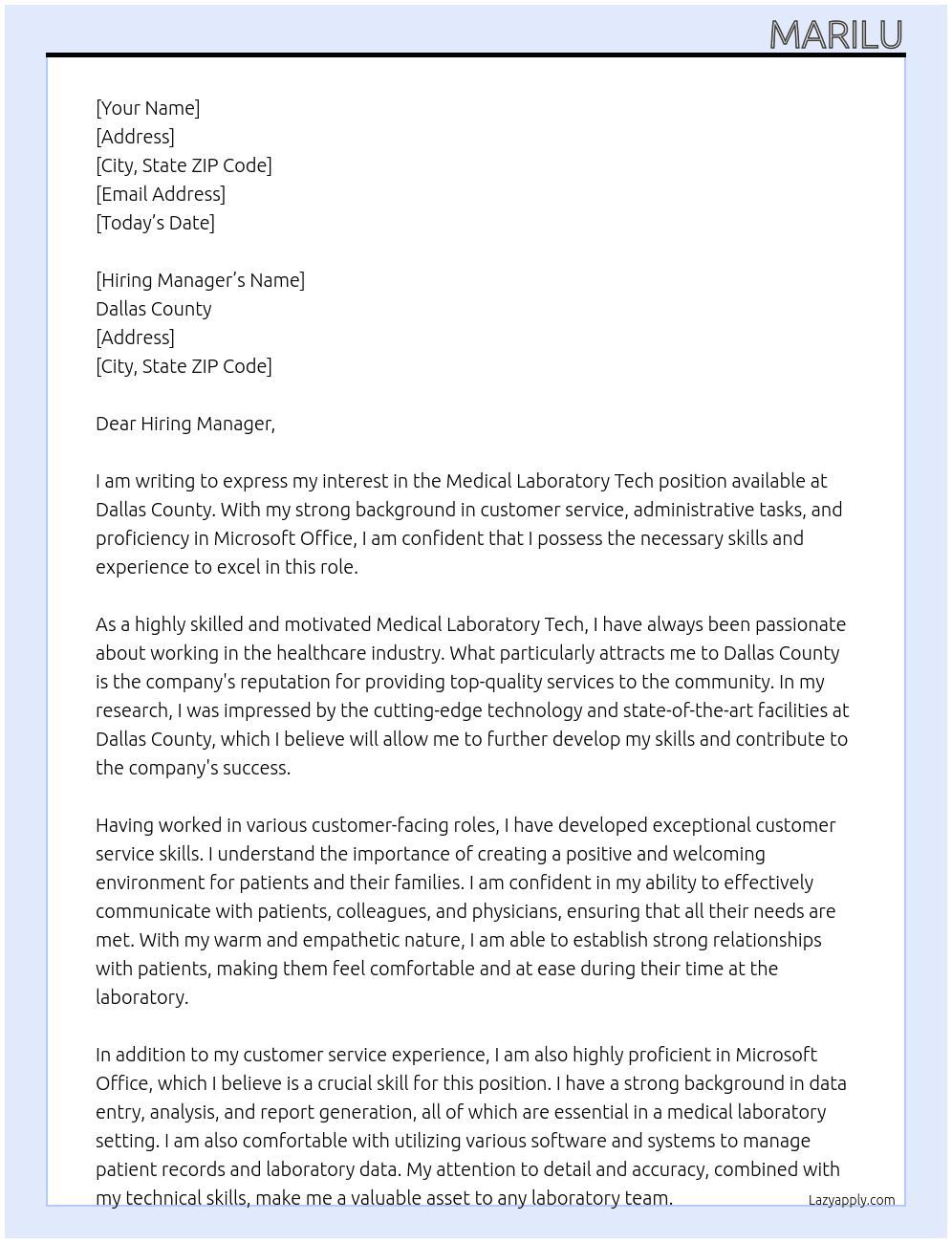 medical laboratory tech At Dallas County Cover Letter