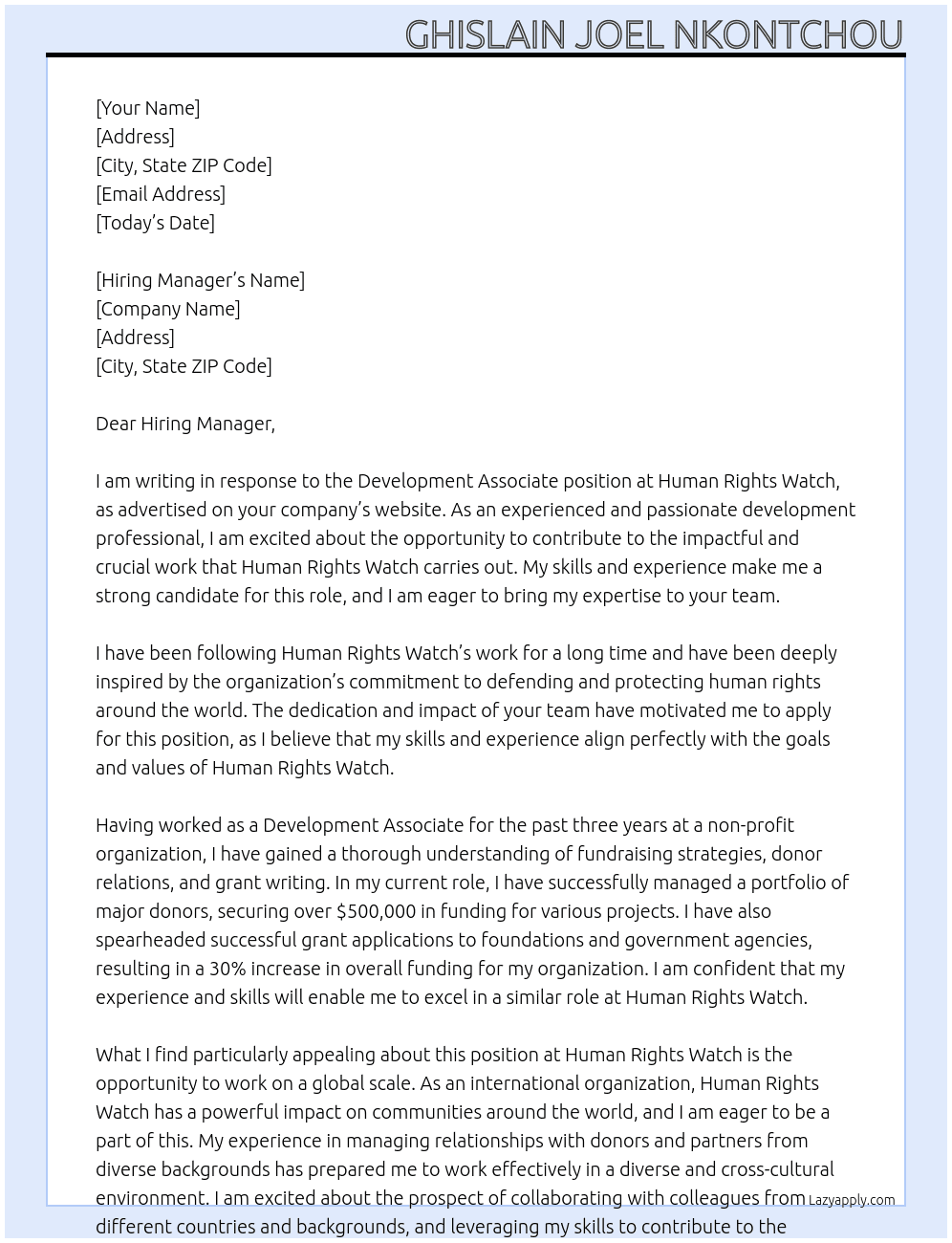 Development Associate At Human Right Watch Cover Letter