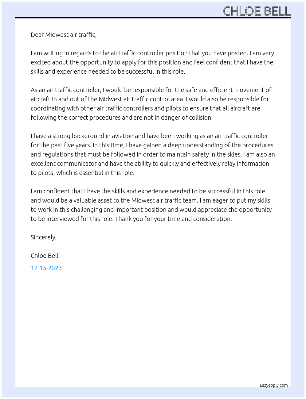 Air traffic controller At Midwest air traffic  Cover Letter
