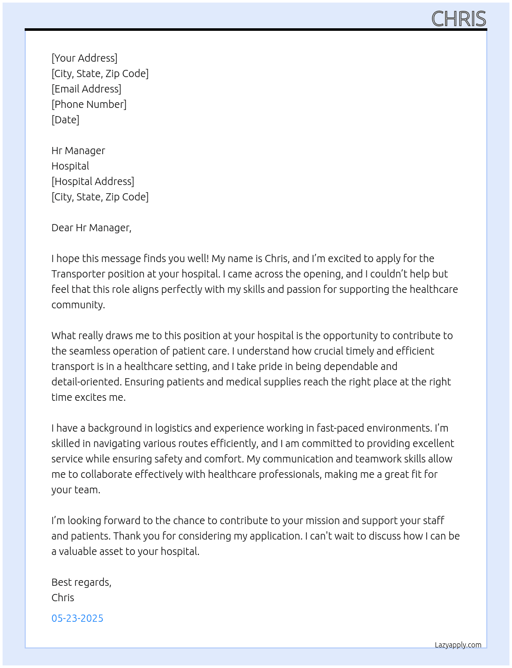 Transporter At Hospital Cover Letter