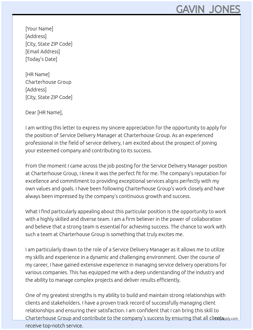 Service Delivery Manager At Charterhouse Group Cover Letter