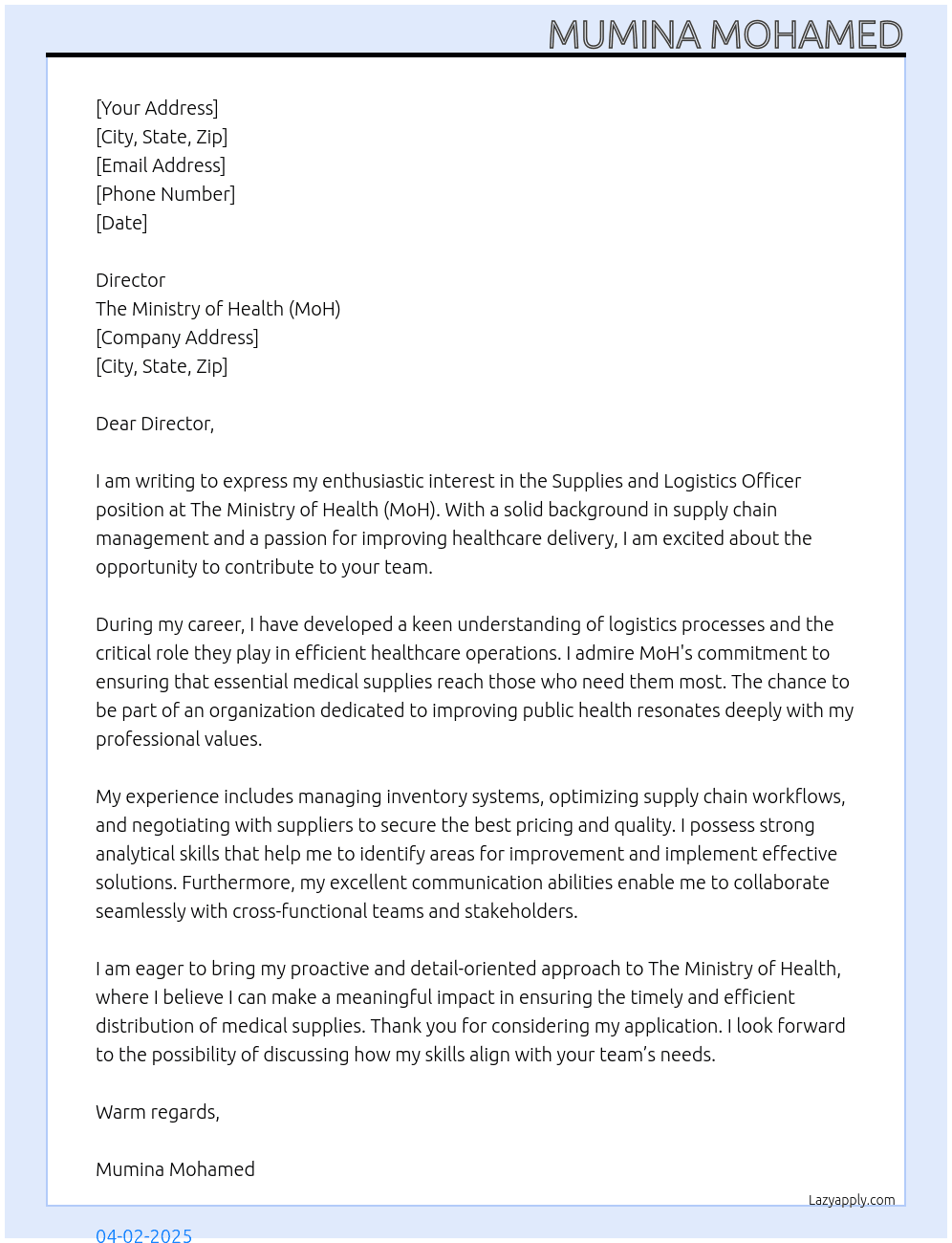 Cover letter for supplies and logistics officer - LazyApply