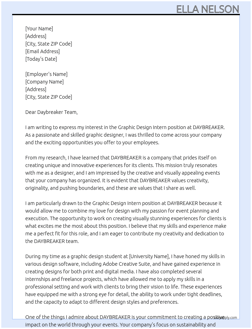 Graphic Design Intern At DAYBREAKER Cover Letter