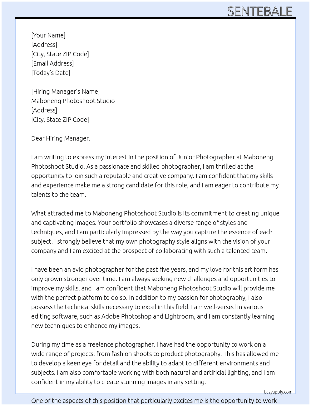 Junior photographer  At Maboneng Photoshoot Studio Cover Letter