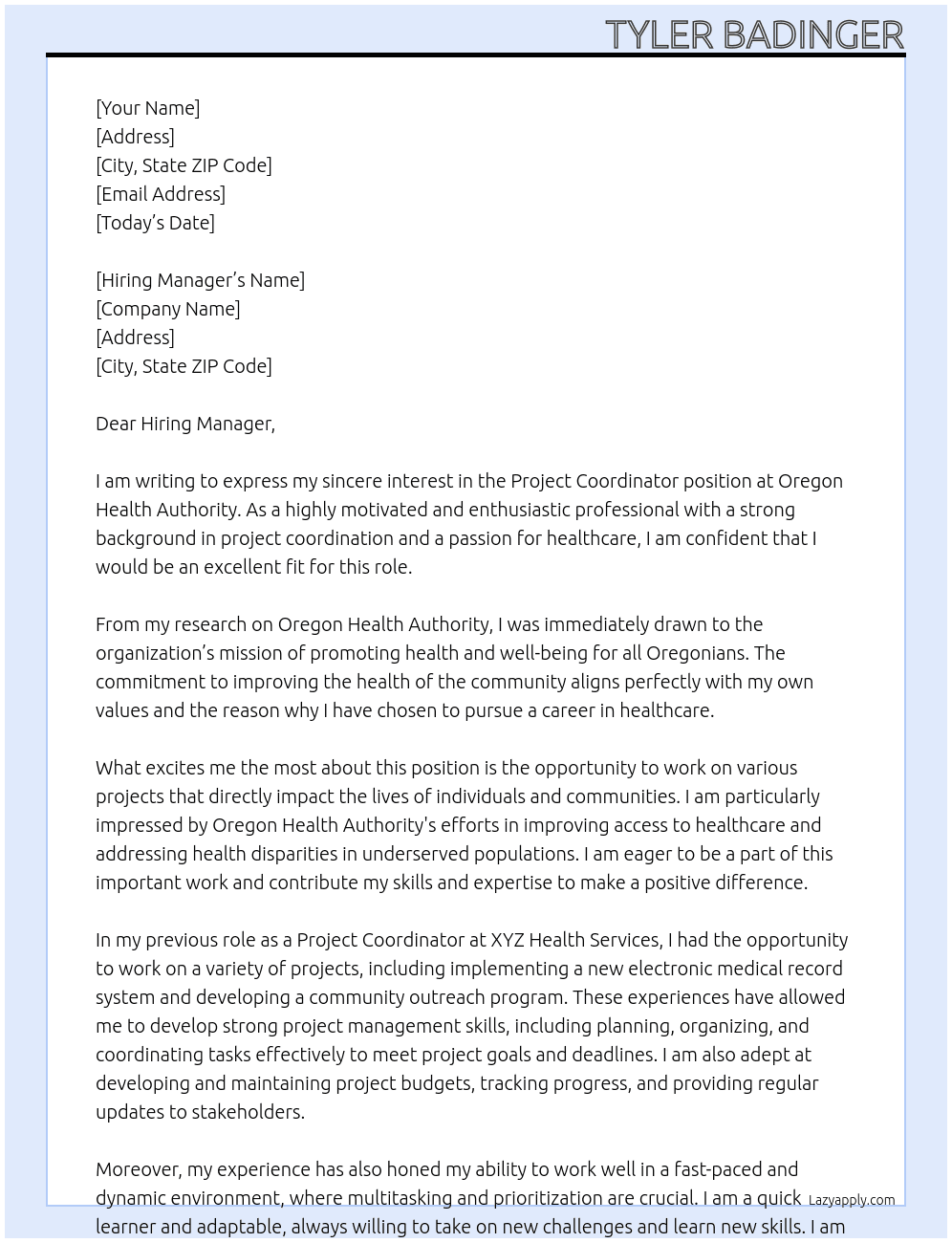 Project Coordinator At Oregon Health Authority Cover Letter