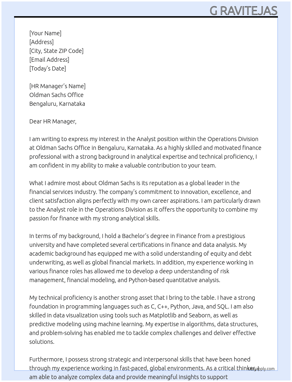 Analyst, Operations Division At oldman Sachs office in Bengaluru, Karnataka  Cover Letter