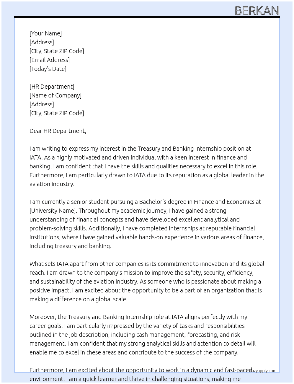 Treasury and banking internship At IATA Cover Letter