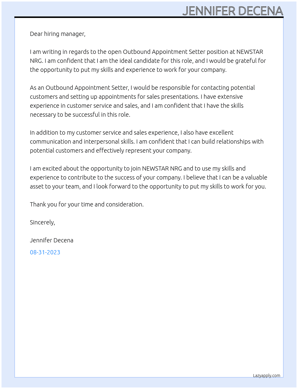 Outbound Appointment Setter At NEWSTAR NRG Cover Letter
