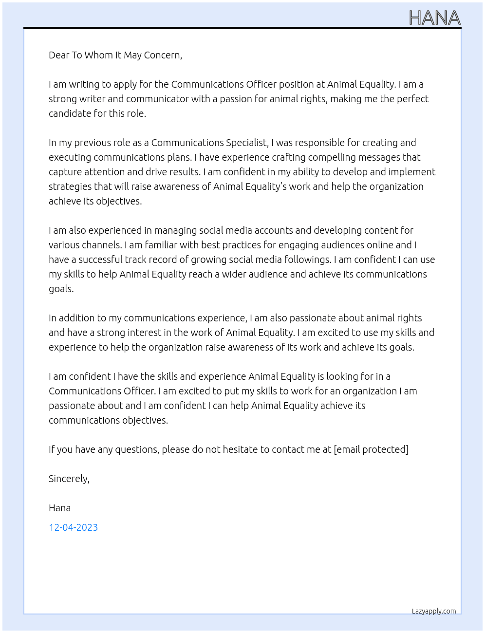 Communications Officer At Animal Equality  Cover Letter