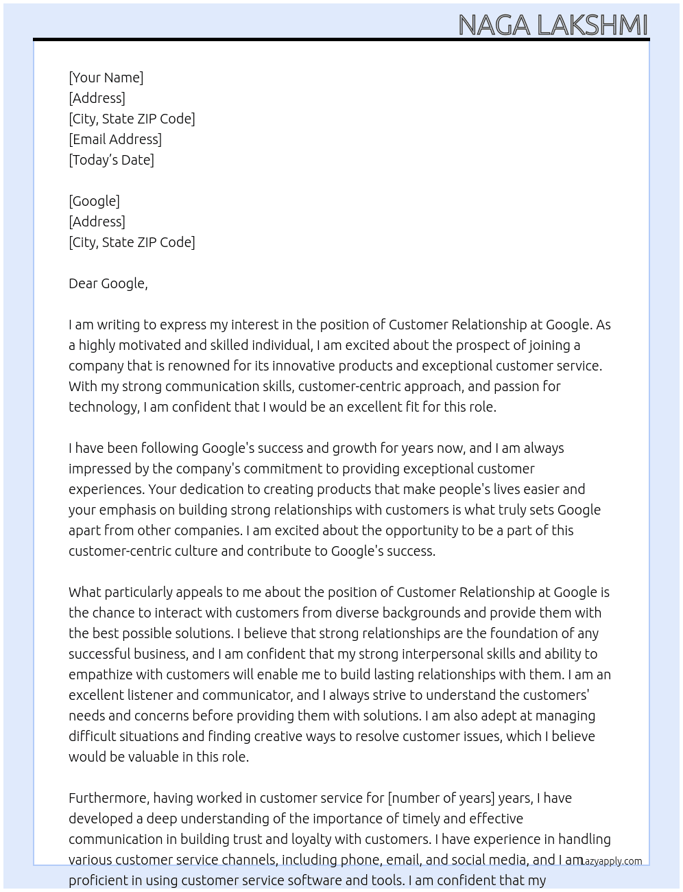 Customer Relationship At Google Cover Letter