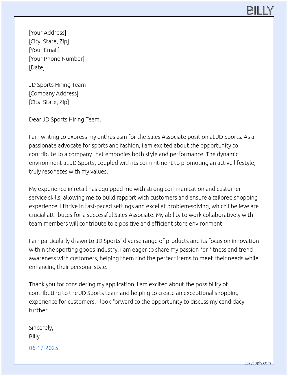 sales associate At JD sports Cover Letter