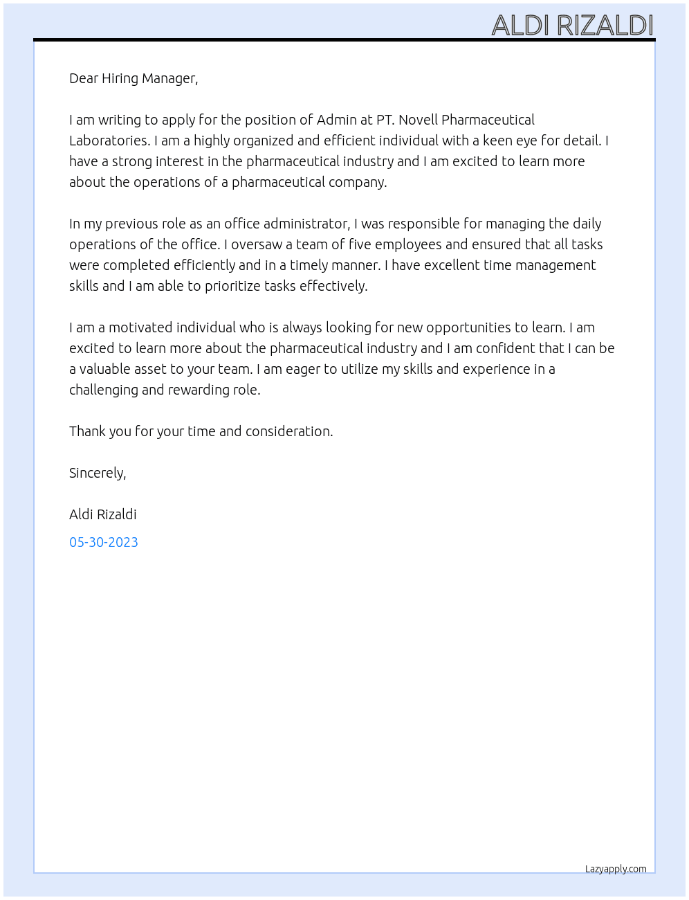 Admin At PT. Novell Pharmaceutical Laboratories Cover Letter