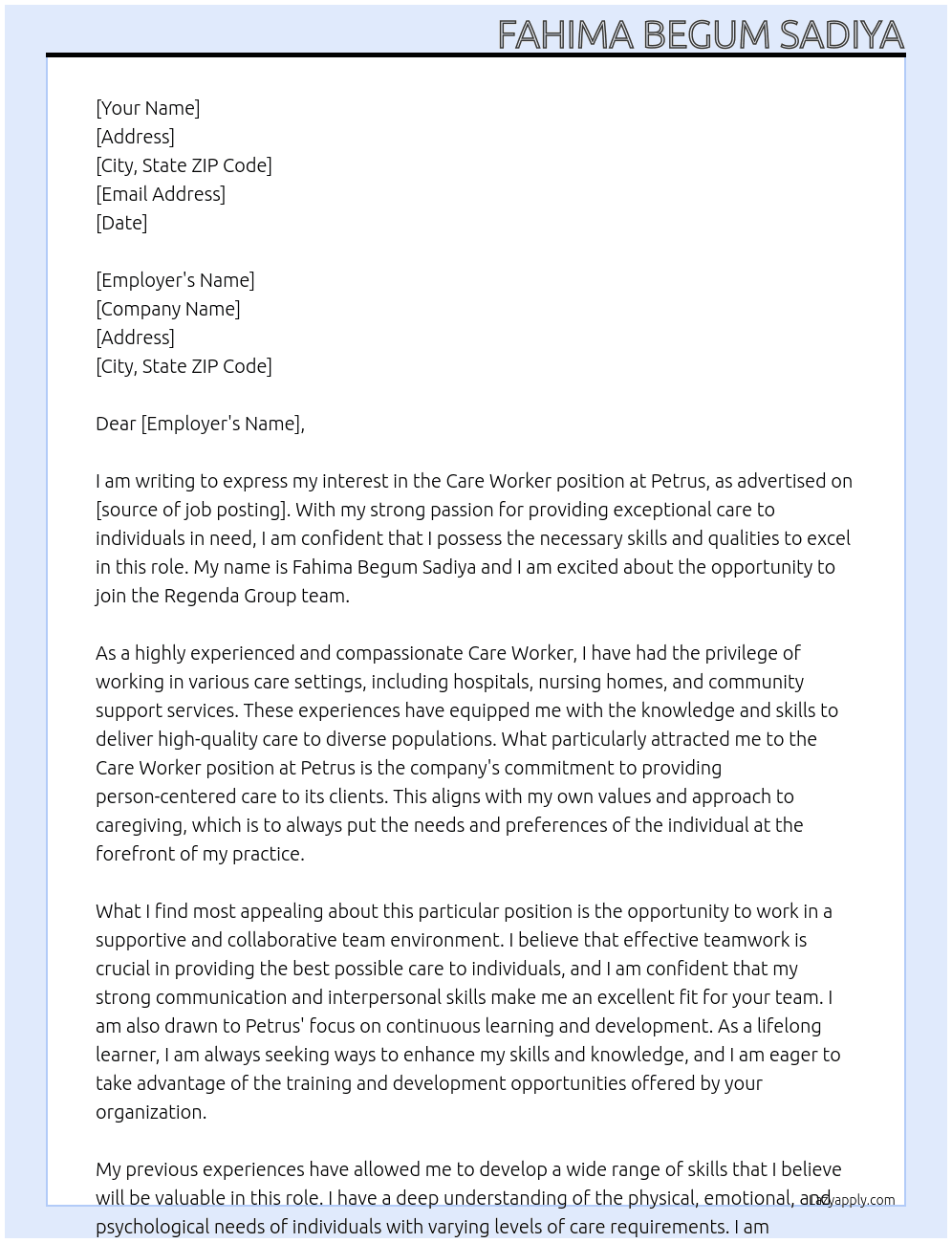 Care worker  At Petrus Cover Letter
