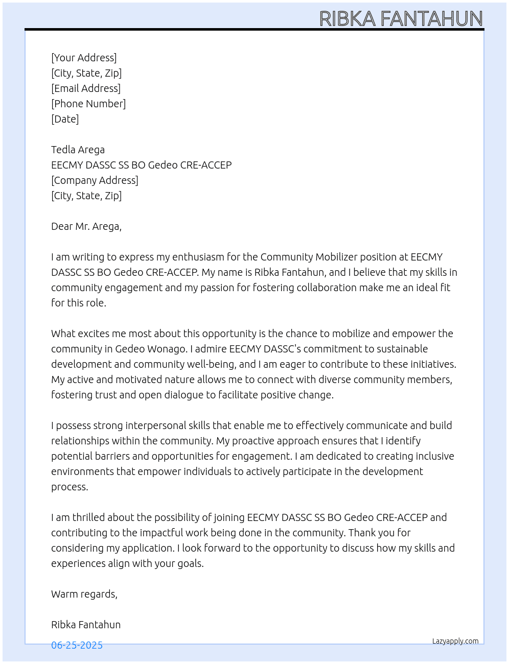 Community mobilizer At EECMY DASSC SS BO Gedeo  CRE- ACCEP Cover Letter