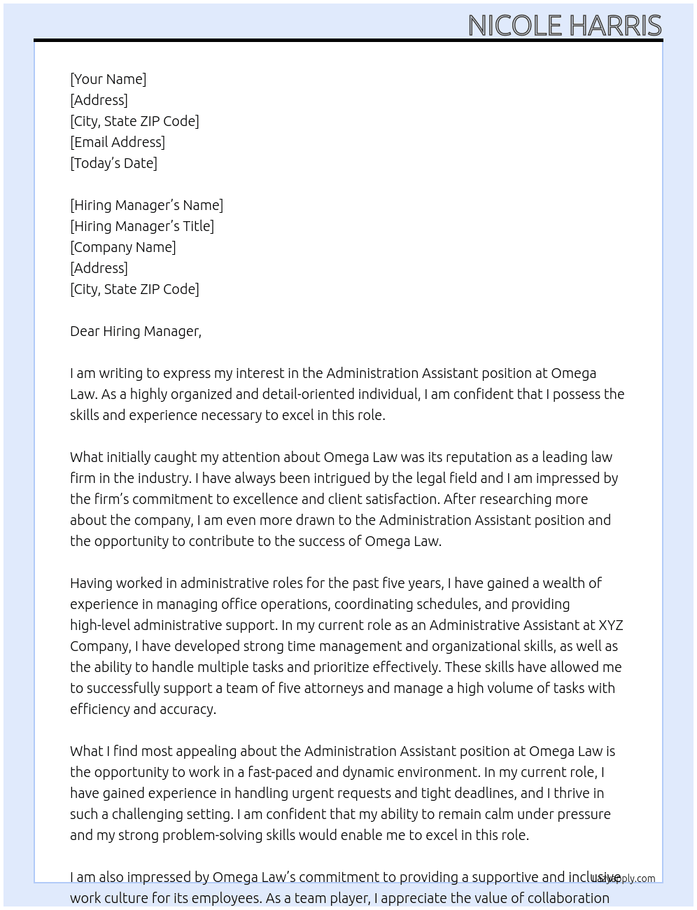 Administration Assistant At Omega Law Cover Letter