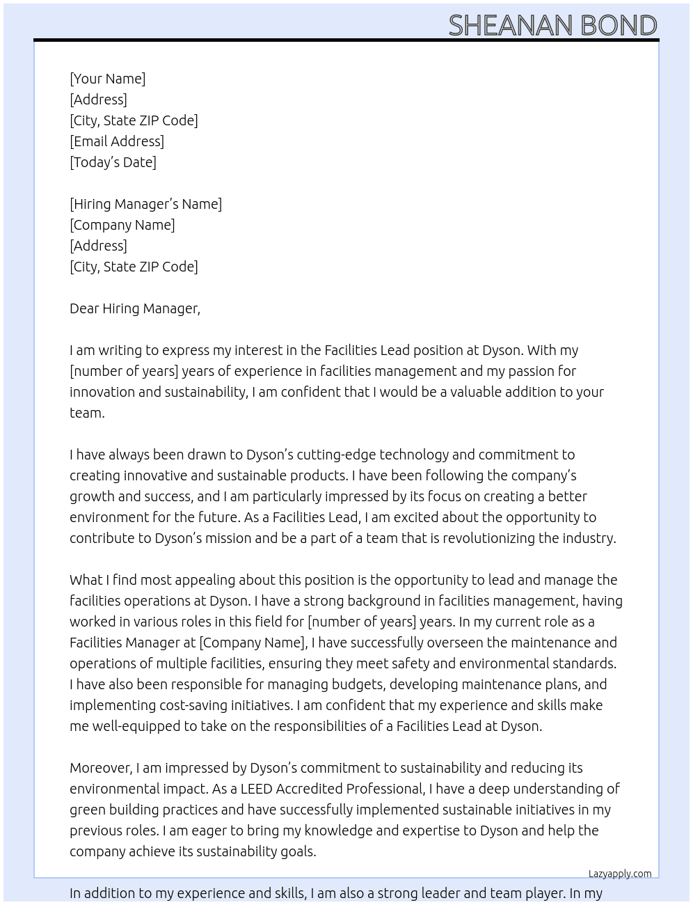 Facilities Lead At Dyson Cover Letter