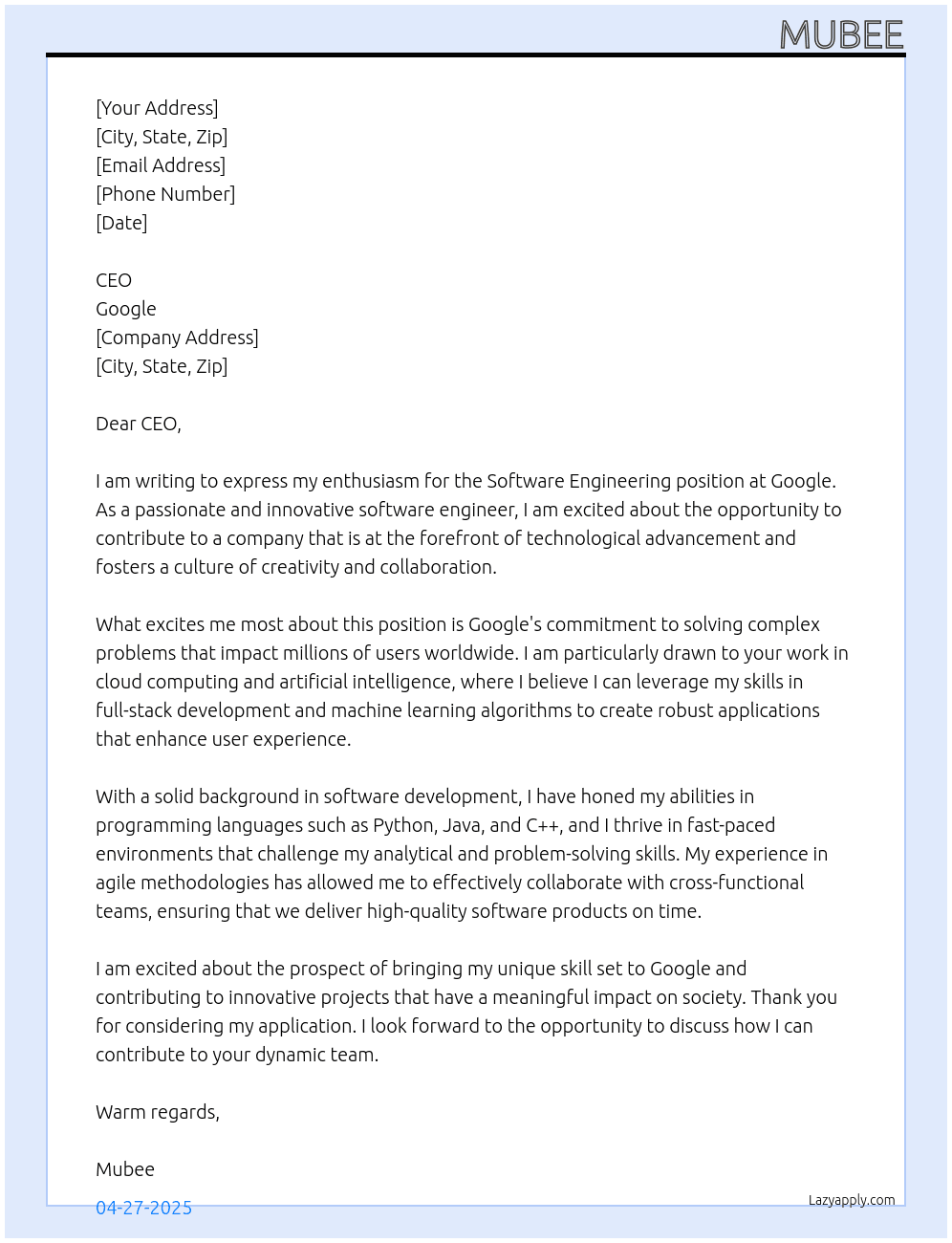 Software Engineering At Google  Cover Letter