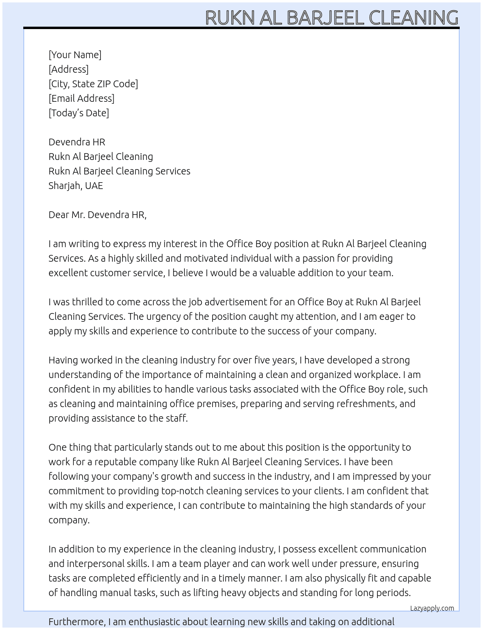 OFFICE BOY At RUKN AL BARJEEL CLEANING SERVICES Cover Letter