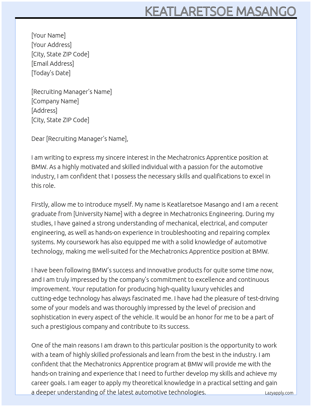Mechatronics Apprentice  At BMW Cover Letter
