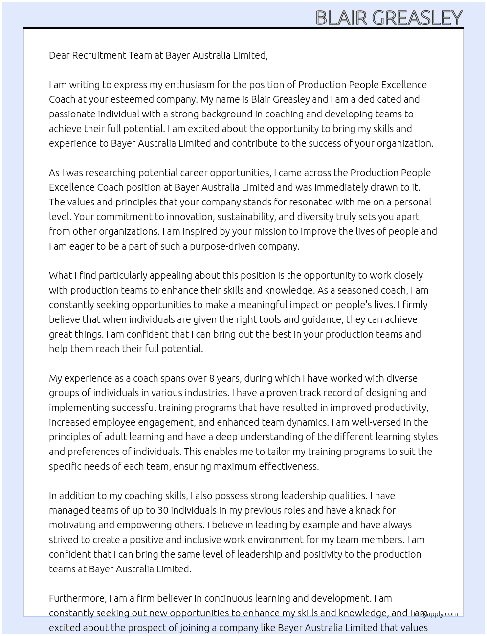 Production People Excellence Coach At Bayer Australia Limited Cover Letter