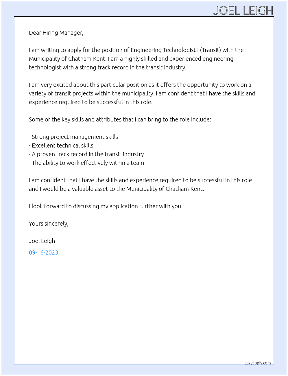 Engineering Technologist I (Transit) At Municipality of Chatham-Kent Cover Letter